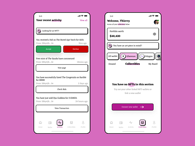 Recent Activity and Collectibles NFT Screens app design ui uiux ux