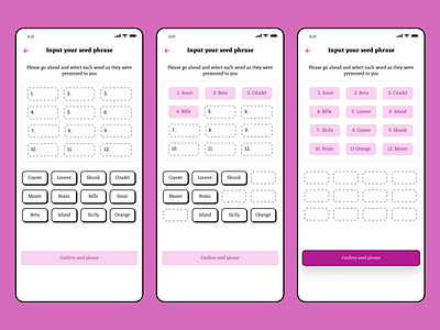 Seed phrase UI - Neubrutalism inspired app design ui uiux ux