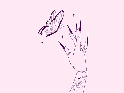 protect me, butterfly🌙 butterfly celestial cosmic elegant flowery hands heavenly illustration linework lovely magical minimalistic moon mystic mystical nails stars witchcraft witchhands witchy