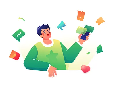 Subscribe to notifications coupon flat gradient green heart horn illustration like love man news notice radio broadcast red envelopes star tan