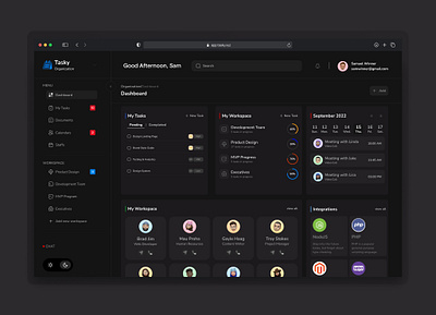 Tasky Dashboard - Dark Mode dashboard hashtag trending ui uiux uiuxdesign user interface ux