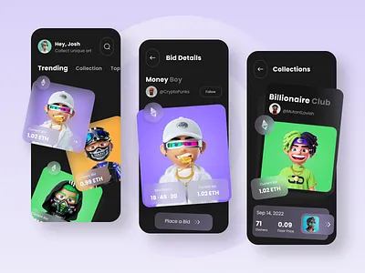 NFT Marketplace App Concept app app design blockchain crypto cryptoart cryptocurrency ethereum marketplace mobile app mobile app design mobile design mobile ui nft nft app nft collection nft marketplace nftart nfts ui design ux design