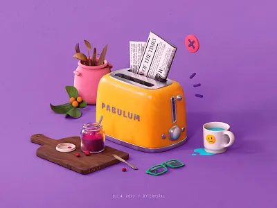 Pabulum 01 3d branding c4d cutting board design food glasses graphic illustration jam knowledge leaf newspaper orange pabulum pink purple toaster vase water