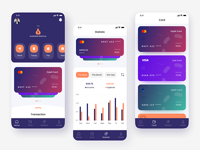 Main App UI's of an Online Mobile Banking Design analysis app design app ui bank app banking app banking card ewallet app finance app fintech fintech product ui home page mobile app mobile app ui online banking prototype statistic page ui design uiux ux design wallet app