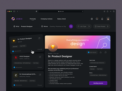 Jobix - Job finder (Dark mode) branding design figma flat inter interface job job finder logo mesh gradeint minimal post product design sketch ui ux web web design website work