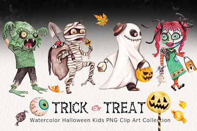 Watercolor Trick & Treating Kids Clipart bussines clipart design halloween illustration water color trick