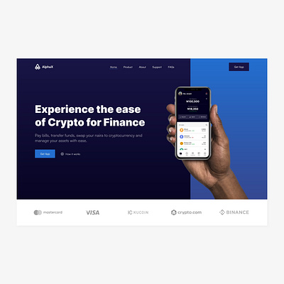 Hero section of a Crypto wallet mobile app landing page app branding ui ux