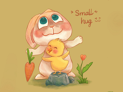 Small hug bookillustration chick cute digital art drawing happy hug illustration love rabbit