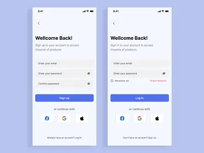 Mobile app login screen and sign up flow android app ios app log in log in page log in screen mobile app design mobile design sign in sign in page sign in screen sign up page signup ui design ux design