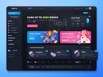Boorio: Сasino home bet bets betting bingo casino dashboard dice gambling game game interface jackpot lottery poker product design roulette slots uiux web design wheel of fortune win