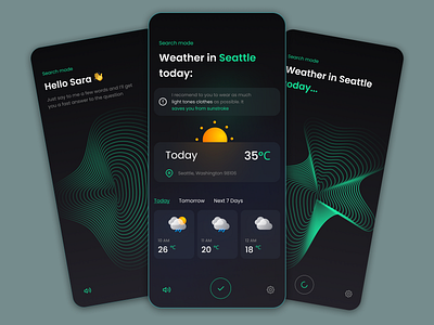 Weather App UI Concept | Voice Assistant assist cloud design lines mobile app neon search simple sun tip ui vector voice voice assistent