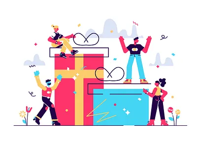 gifts birthday character christmas design e commerce flat gift happy happy holiday illustration line liner millennial modern new year office people sale team vector