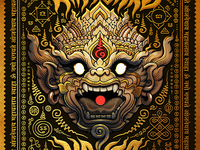 Hanuman Yant (Black version) amulet asia drawing gold golden hindu illustration india mantra monkey mystical pha yant poster psychedelic sak yant tattoo thailand tribal yantra