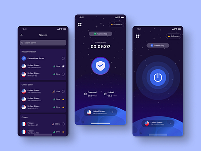 Mobile VPN App - Space Dark app dark mode design mobile mobile app simple space ui vpn
