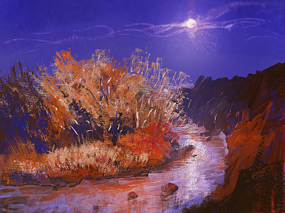 Night river illustration impressionism landscape moon night oil painting river texture