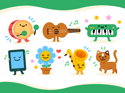 Klangforscher Music Characters art branding cartoon cat characters children creative cute educational flat flower funny guitar illustration instruments kids learning mascot music vector