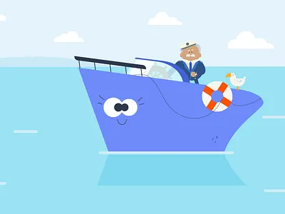 Blue Boat 2d animation art bird boat captain character design illustration illustrator ocean sailing sea seagull vector