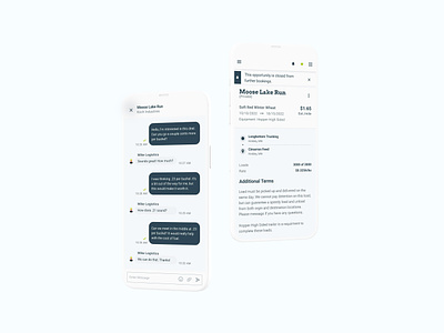 Chat & Load Details Logistics App android blue chat clean design details page green ios logistics messaging minimalist mobile product design responsive tms ui ux white