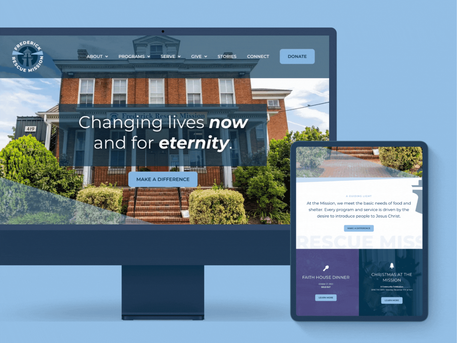 Frederick Rescue Mission blue branding christ design desktop frederick lighthouse ministry mission mockup modern nonproft program purple rescue tablet ui ux web website