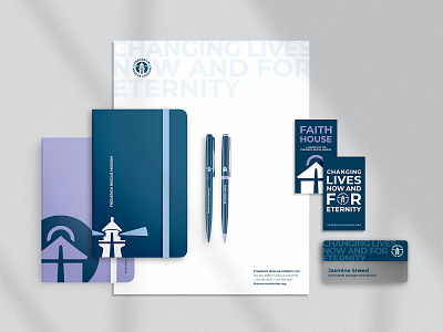 Frederick Rescue Mission blue branding card christ faith frederick house letterhead logo ministry mission mockup notebook purple religious rescue stationary welcoming