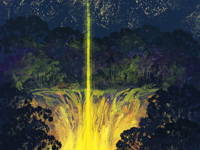 Beam beam fantasy forest illustration impressionism landscape light magic night oil painting star texture waterfall