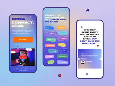 Adaptive Website Design for DTC Marketing Conference 3d conference dribbble dtc e commerce figma hero landing page marketing mobile responsive tags testimonials violet webdesign webflow