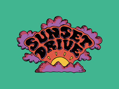 Sunset Drive band band logo branding concert poster drive hippie illustration logo merch mountains music psychedelic purple retro rock sun sunset sunset drive vector