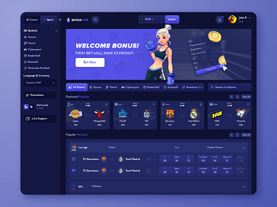 Witch Lab Casino: Sports betting page app banner bets betting casino crash crypto design gambling game interface minimal product design slots sport ui ui design uiux web design website