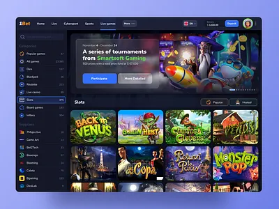 1Bet – Live-games (Slots) app design bet betting blackjack bookmakers office casino cybersport dice figma gambling product design roulette slot slots ui uiux