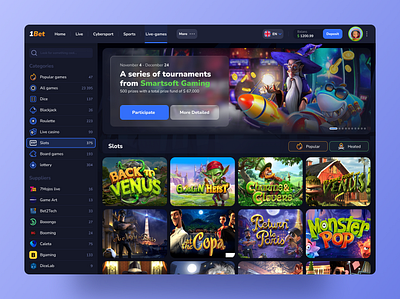 1Bet – Live-games (Slots) app design bet betting blackjack bookmakers office casino cybersport dice figma gambling product design roulette slot slots ui uiux