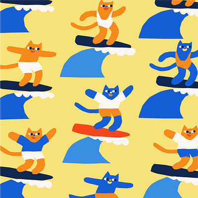 Surfing Cat cat colourful cute cutecats illustration patterdesign pattern summer surf surfing wave
