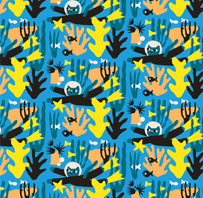 Cat diving cat cats coral cute fish fishlife fun illustration oceanlife pattern patterndesign sealife