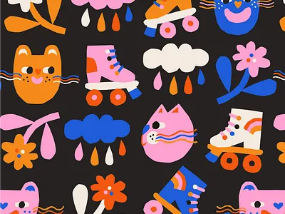 Skate Pattern cat catillustration colourful cute flatstyle floral flowers fun kidsdesign pattern patterndesign playful