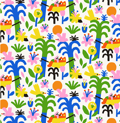 Palms with a chilling cat birds cat floral fun nature palm pattern patternillustration plants summer summerillustration sun tropical