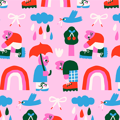 Rainy Day Pattern birds cat catillustration fun illustration pattern playful rain rainyday umbrella