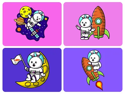 Rabbit Astronaut animal astronaut baby bunny carrot cartoon cosmic cosmonaut design flat icon illustration logo mascot plant rabbit science space technology vector