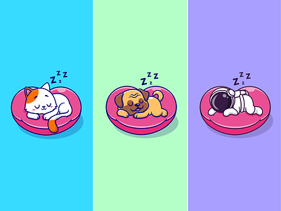 Sleeping on Pillow🐱🐶🧑🏻‍🚀 activity animals astronaut bed blanket cat cute dog dream icon illustration lay on logo pet pillow pink relax sleep space