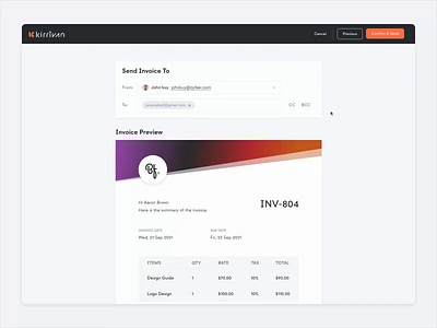 Kirrivan SaaS CRM - Creating and Sending an Invoice animation app crm dashboard design email flow funnel invoice management payment pipeline product design protopie saas sales table template ui ux