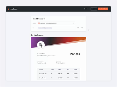Kirrivan CRM - Creating and Sending an Invoice animation app crm dashboard design email flow funnel invoice management payment pipeline product design protopie saas sales table template ui ux