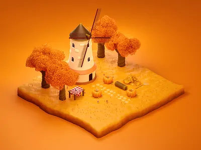 Autumn season - 3D illustration 3d 3d art blender design illustration isometric art low poly nature october orange pumpkin tree ui warm windmill