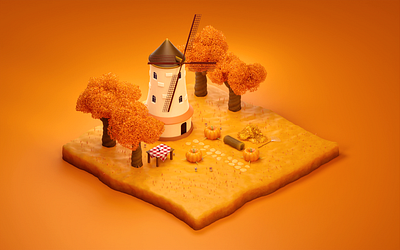 Autumn season - 3D illustration 3d 3d art blender design illustration isometric art low poly nature october orange pumpkin tree ui warm windmill