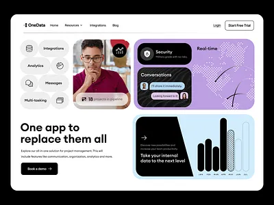 OneData: startup landing page, webflow, management, saas analytics data design landing page management organizer productivity saas software startup task task manager team todos web web design web page webdesign webflow webpage