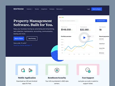 Rentroom property management software website agency communication home landing page lease management property property management real estate realtor rent residence saas software ui web design webflow webpage website website design