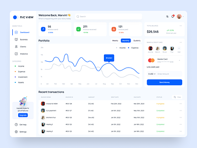 Business Dashboard admin balance bank and card detail branding businessinfo= dashboard income expenses investments quick money transfer recent transactions ui