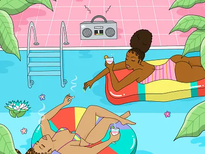 Pool Babes art black art braids bright color character drink fashion flat illustration girls graphic design illustration pool smoking summer summer vibe tropical vacation weed women