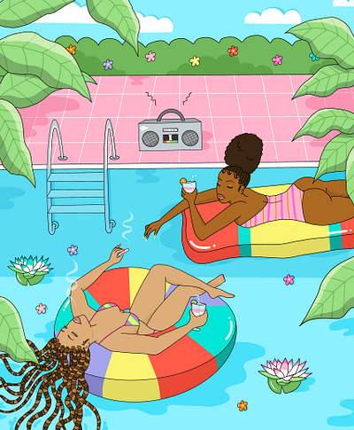 Pool Babes art black art braids bright color character drink fashion flat illustration girls graphic design illustration pool smoking summer summer vibe tropical vacation weed women