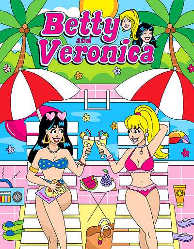 Betty & Veronica - Summer Vacation 2000s archie art betty and veronica bright color cartoon character comic flat illustration girls graphic design illustration retro simple summer tropical vacation women y2k