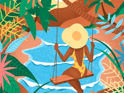 Swingin' Paradise art black bright color character flat illustration graphic design illustration landscape ocean outdoor paradise plants scenery summer swing swinging texture tropical woman