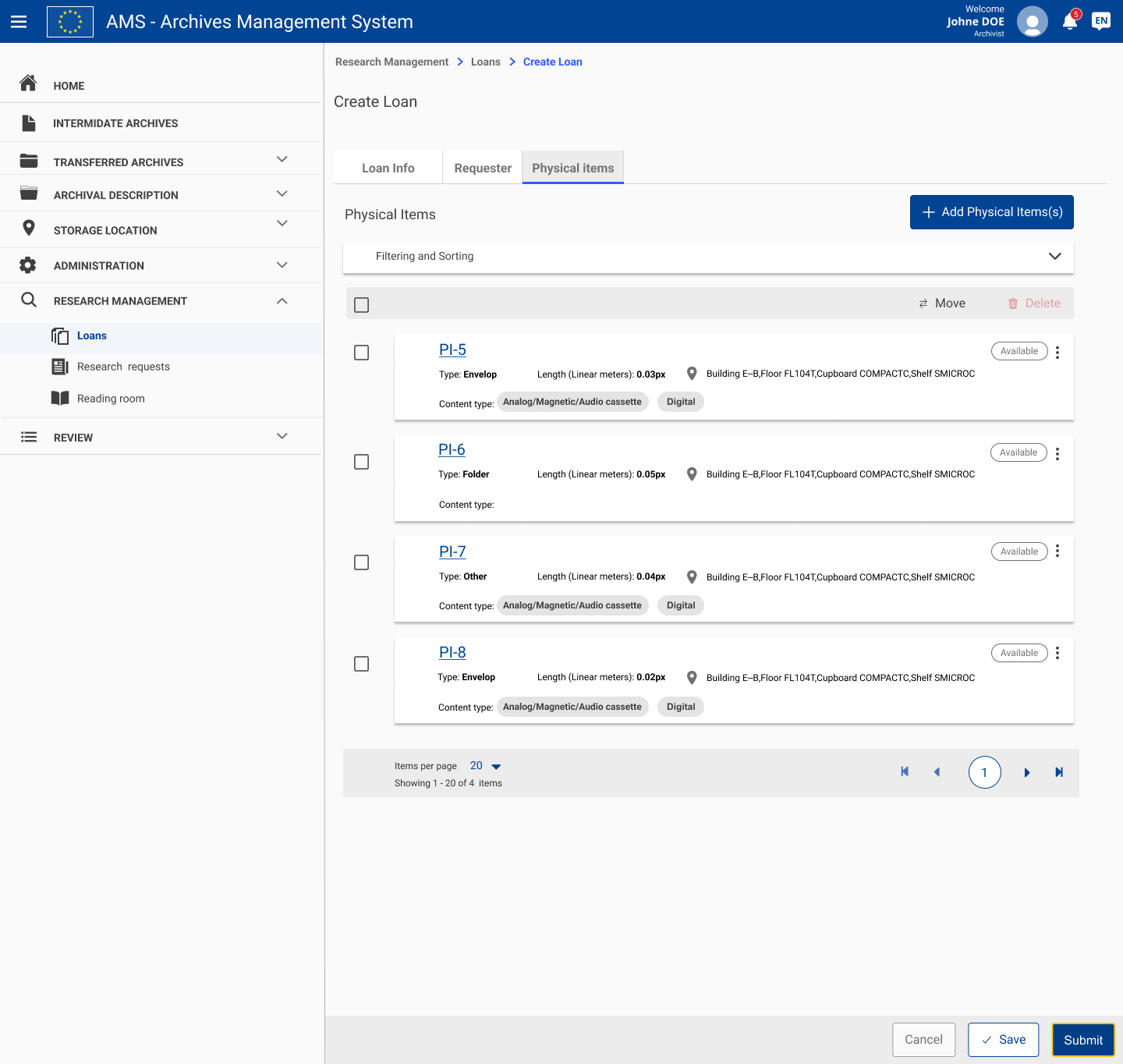 Load multiple physical Items for AMS project dashboard european lists upload