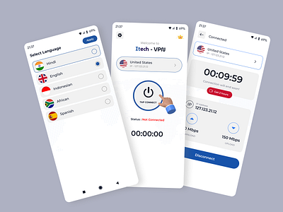 Itech - VPN Mobile App UI Design android app app design best app design best ui design ios iphone mobile mobile app ui proxy ui ui design vpn mobile app
